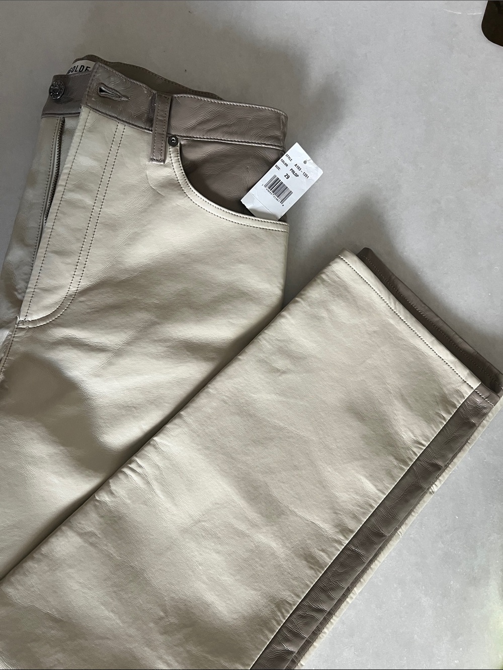 Agolde Cream and Taupe Straight-Leg Leather-Trim Pants